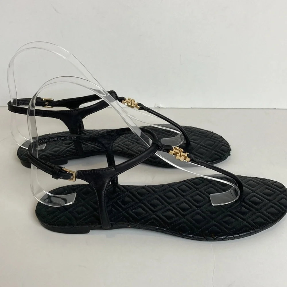 TORY BURCH Marion Quilted Black Leather T-Strap Gold Logo Sandals Size 8 Luxury